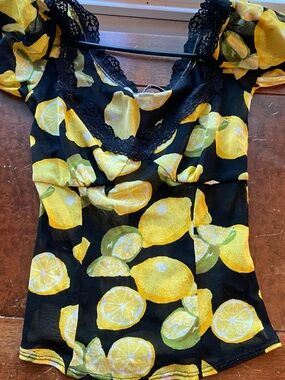 Kimchi Blue Black Top with Yellow Lemon Print and Lace Trim